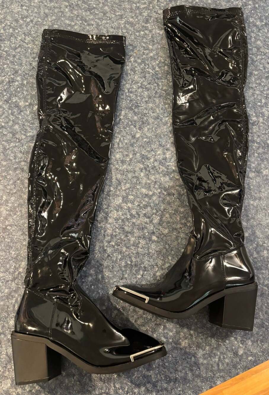 Lemonade Women’s Sz 9 Blk Patent Faux Leather Thigh High Boots Block Heel Metal
